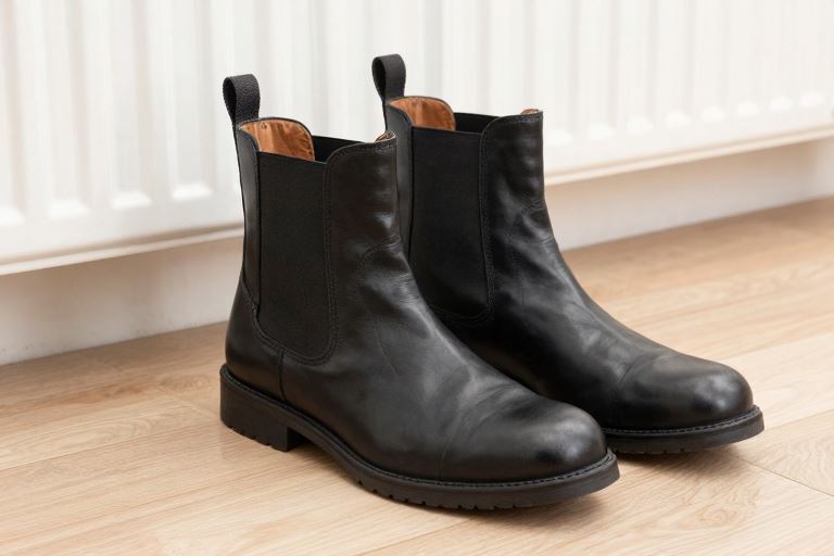 black leather Chelsea boots on a wooden floor by a radiator