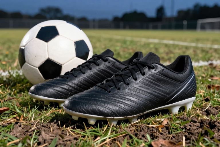 black football boots beside a ball on a pitch