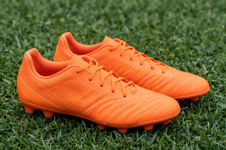 plain orange football boots on grass