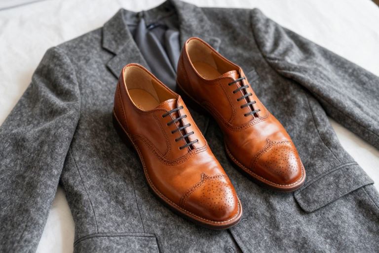 tan leather toe-cap brogues resting on a grey tweed jacket