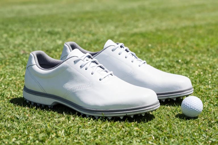 white golf shoes on a sunny fairway next to a golf ball