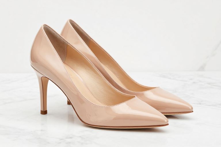 nude patent pointed court shoes with slim high heels on a marble surface
