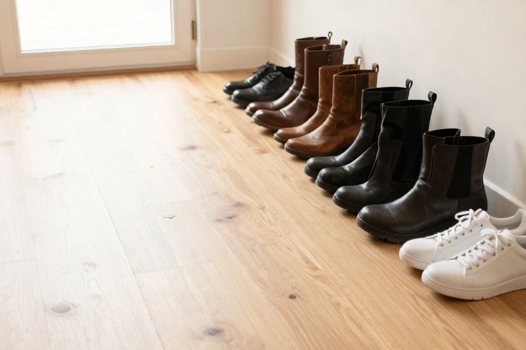 A row of large shoes, boots and trainers on a wooden floor by a window
