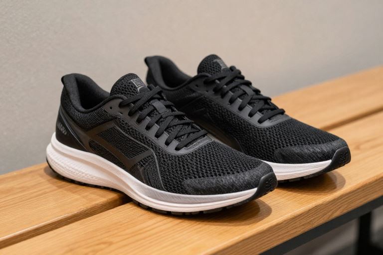 plain black mesh running trainers on a wooden bench