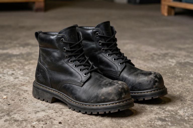 scuffed black leather work boots on a warehouse floor