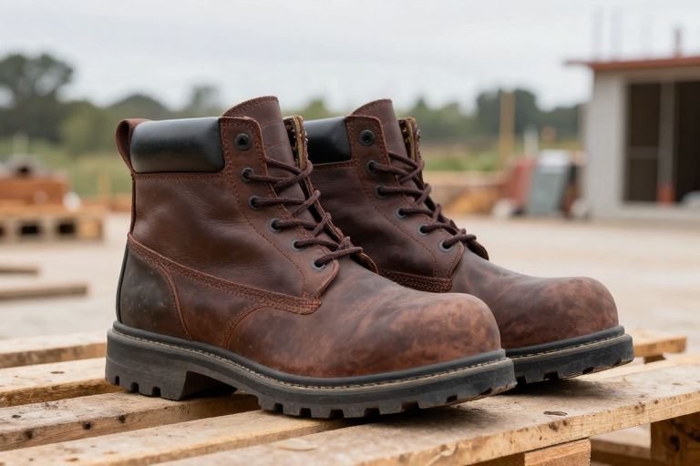 dark brown leather work boots on a wooden pallet on a building site
