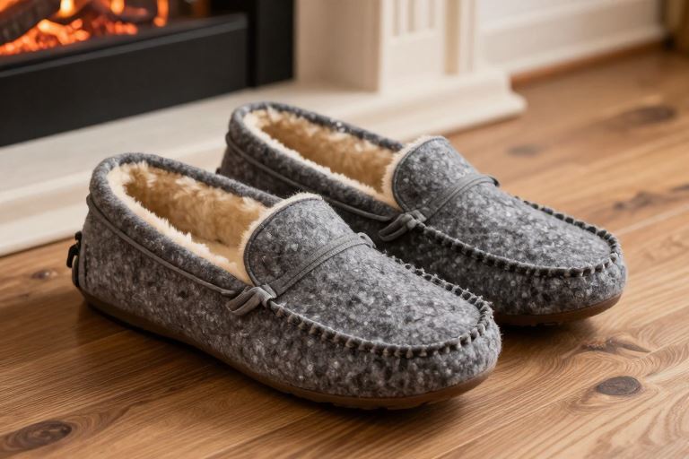 grey felt moccasin slippers with a fleece lining on a wooden floor by a fireplace
