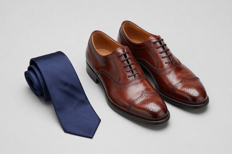 A pair of large polished brown brogues beside a navy tie