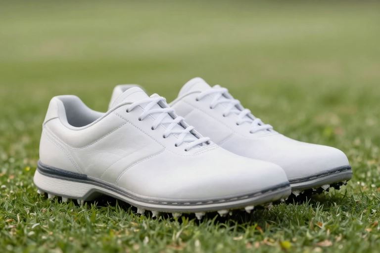A pair of large white golf shoes on grass