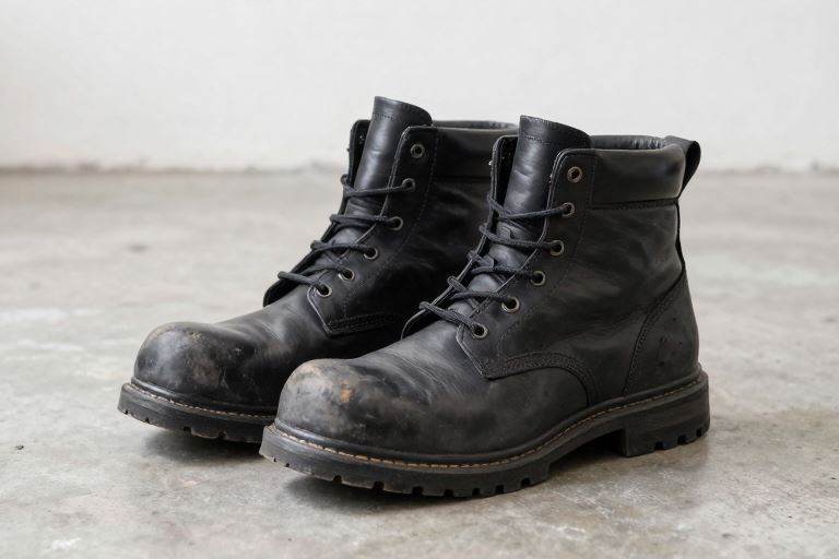 A pair of large black safety boots on a workshop floor