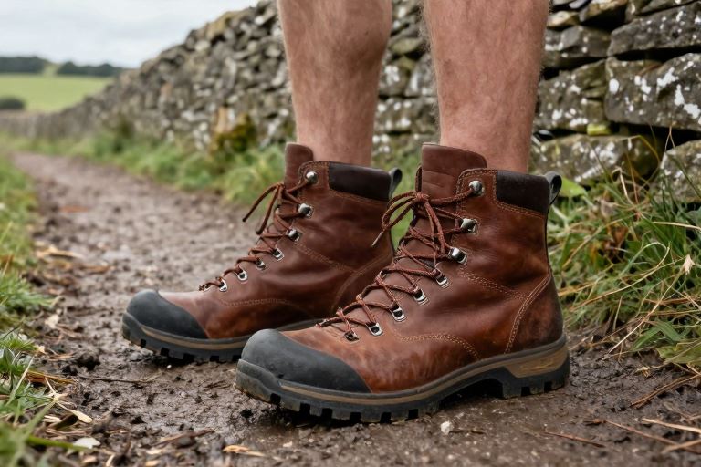 A pair of large walking boots on a countryside path