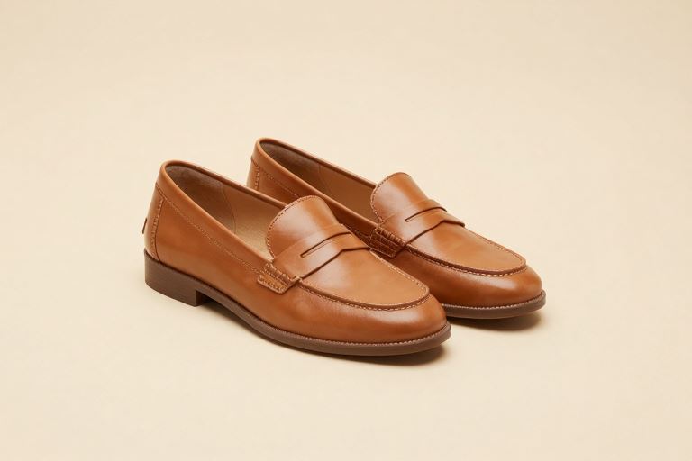 A pair of large tan leather women's loafers