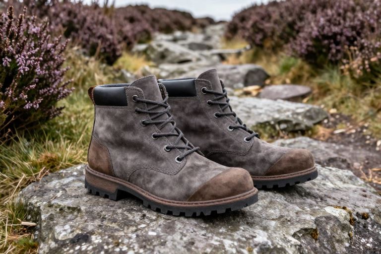 grey and brown suede walking boots on a moorland path with heather
