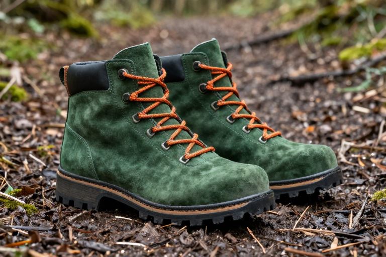 dark green suede hiking boots with orange laces on a muddy woodland trail