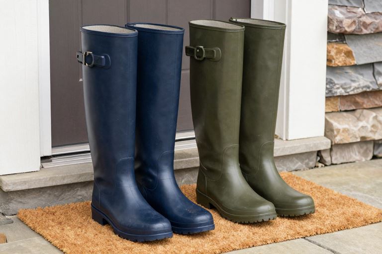 navy and olive wellington boots on a doormat in a porch